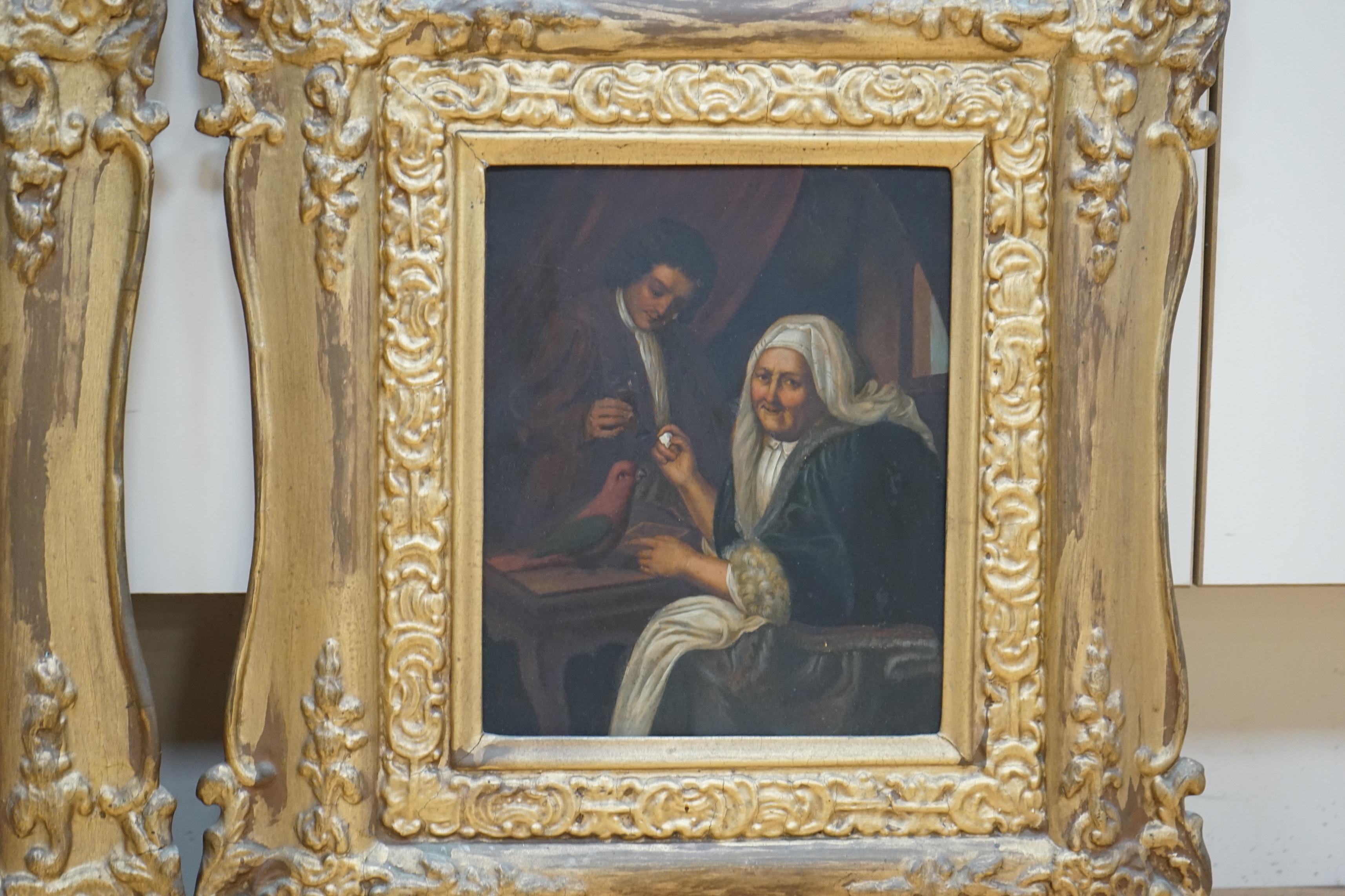 19th century German School, pair of oils on zinc, Interior scenes with figures, unsigned, 19 x 16cm, ornate gilt framed